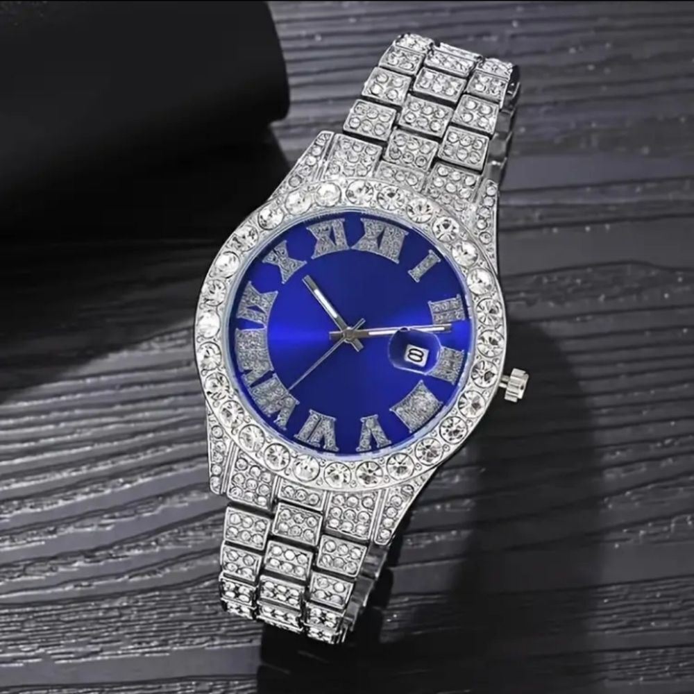 Mens Simulated Diamond Cuban Link With Blue Face Watch